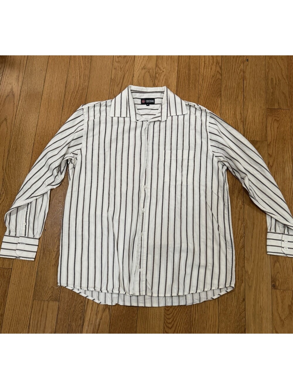 Size Medium Culture Men’s Long Sleeve Button Brown/White Stripe Three